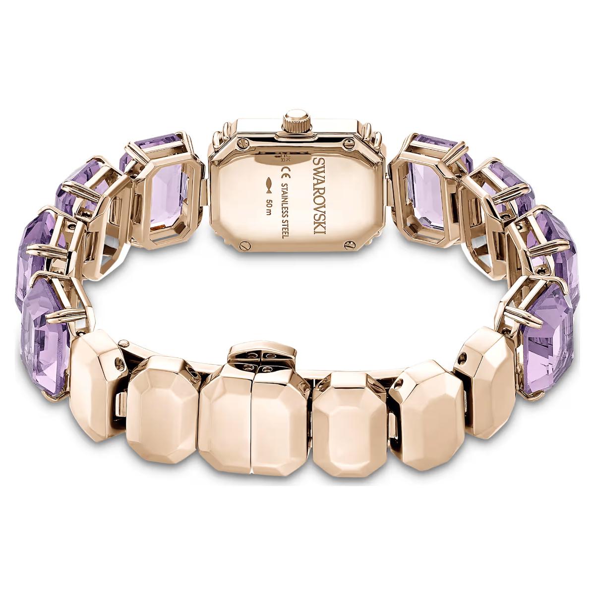 Rose gold bracelet with purple gemstones on a white background