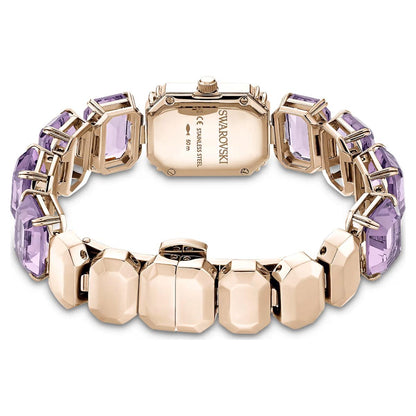 Rose gold bracelet with purple gemstones on a white background