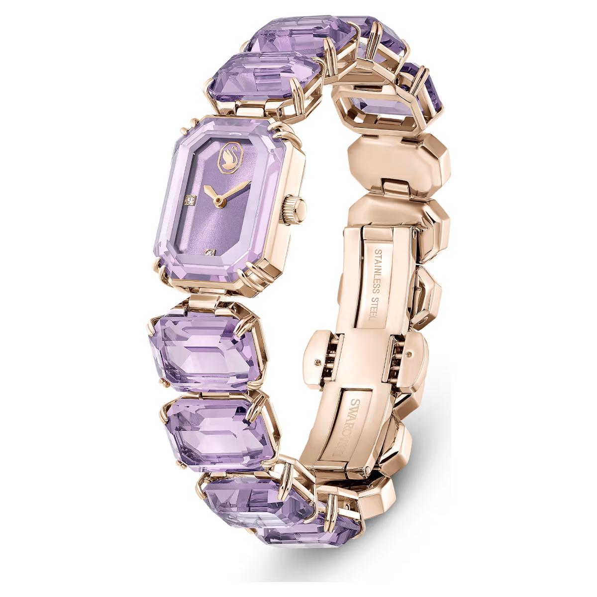 Luxury watch with purple gemstones and rose gold band on a white background
