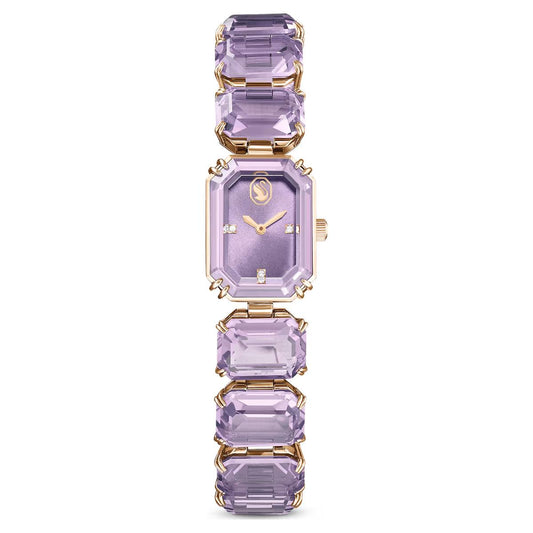 Luxury watch with purple gemstone-like straps on a white background