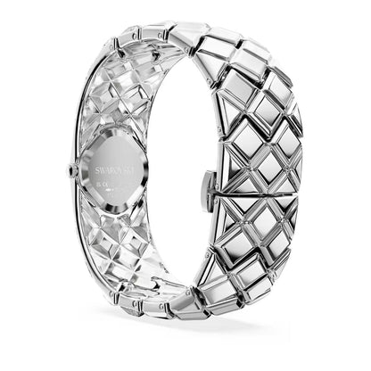 Silver ring with geometric design on a white background