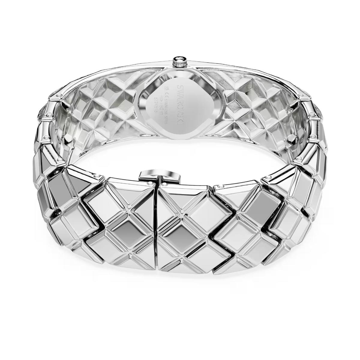 Silver bracelet with geometric design on a white background