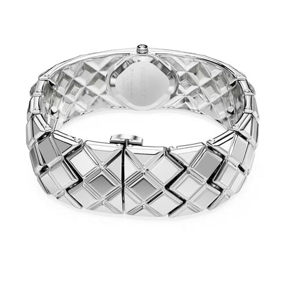 Silver bracelet with geometric design on a white background