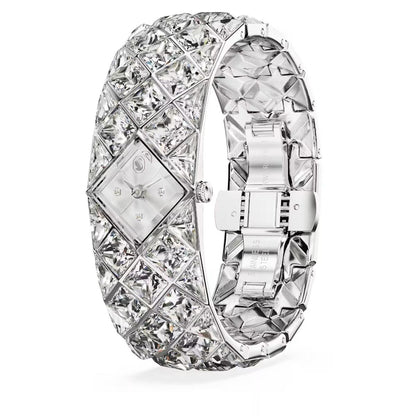 Silver bracelet with diamond-like crystals on a white background