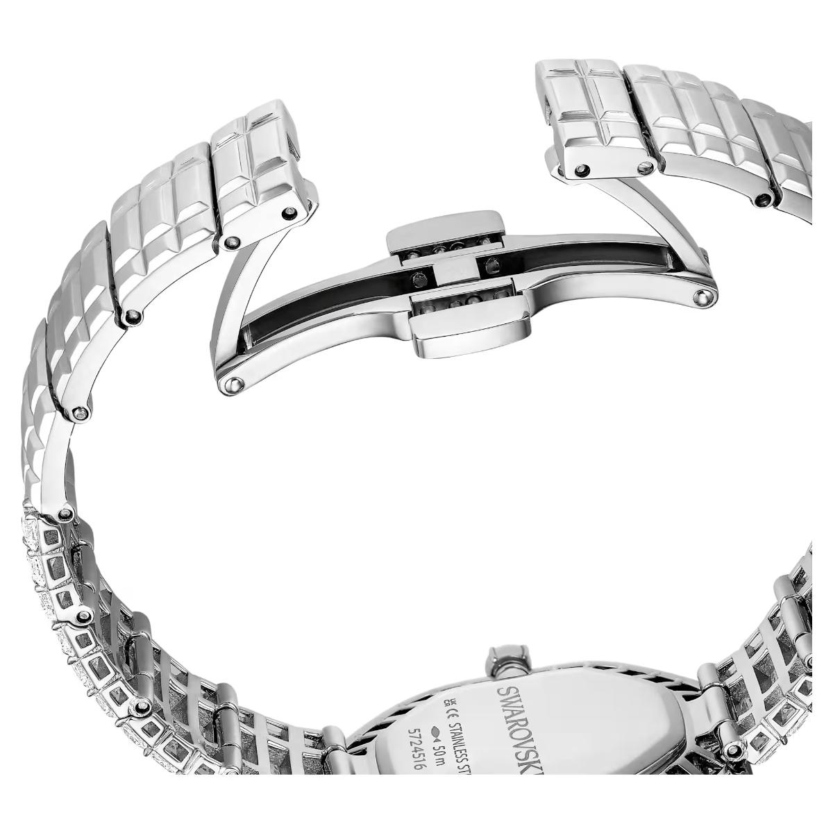 Silver watch strap with Swarovski branding on a white background