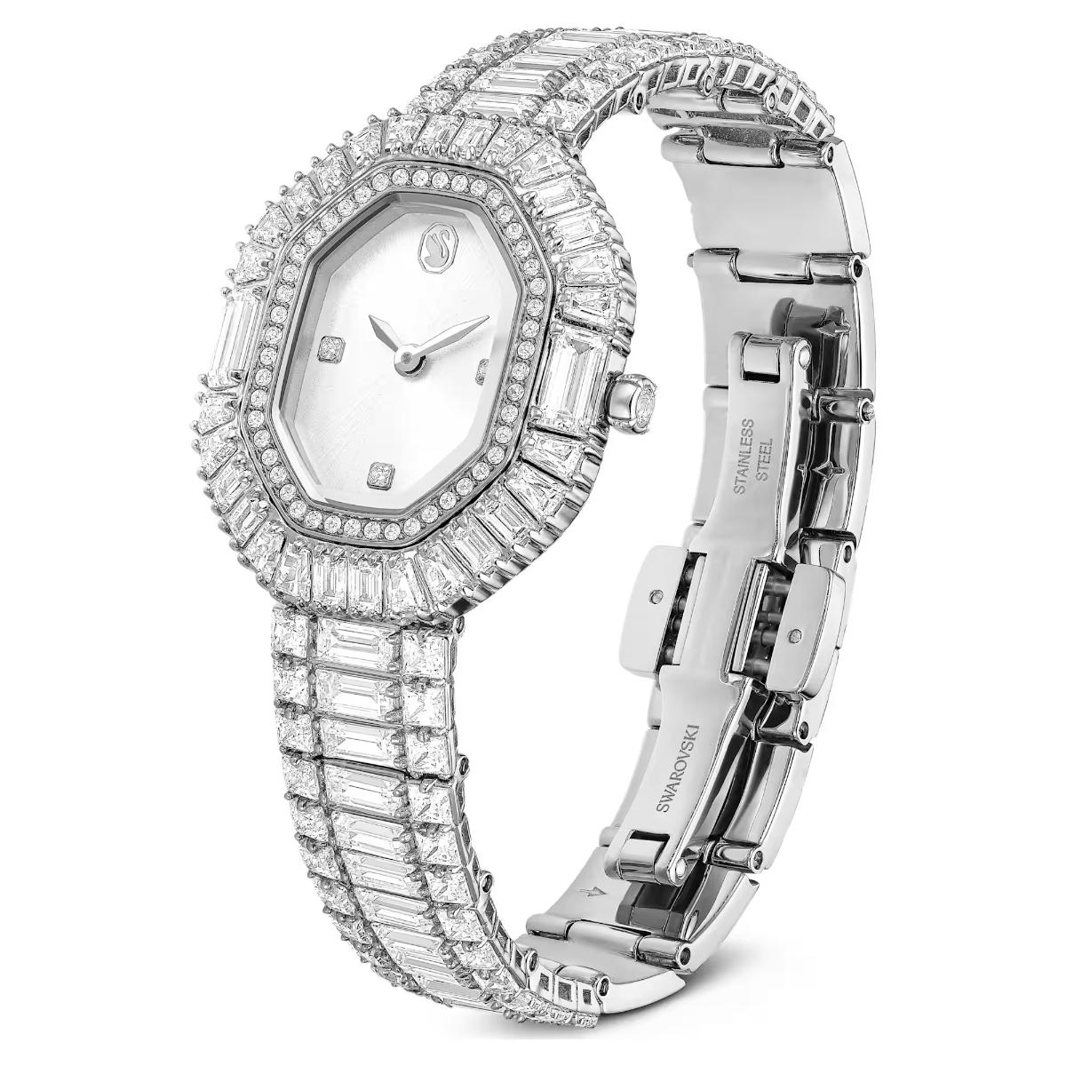 Silver Swarovski watch with diamond-studded bezel on a white background