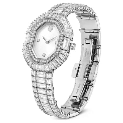 Silver Swarovski watch with diamond-studded bezel on a white background