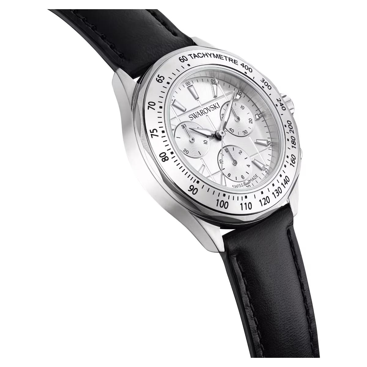 Swatch watch with black strap and silver dial on a white background
