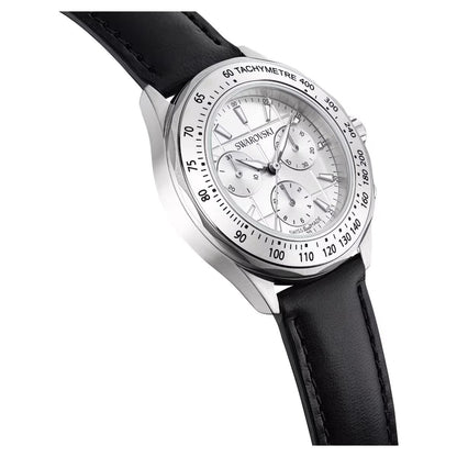 Swatch watch with black strap and silver dial on a white background