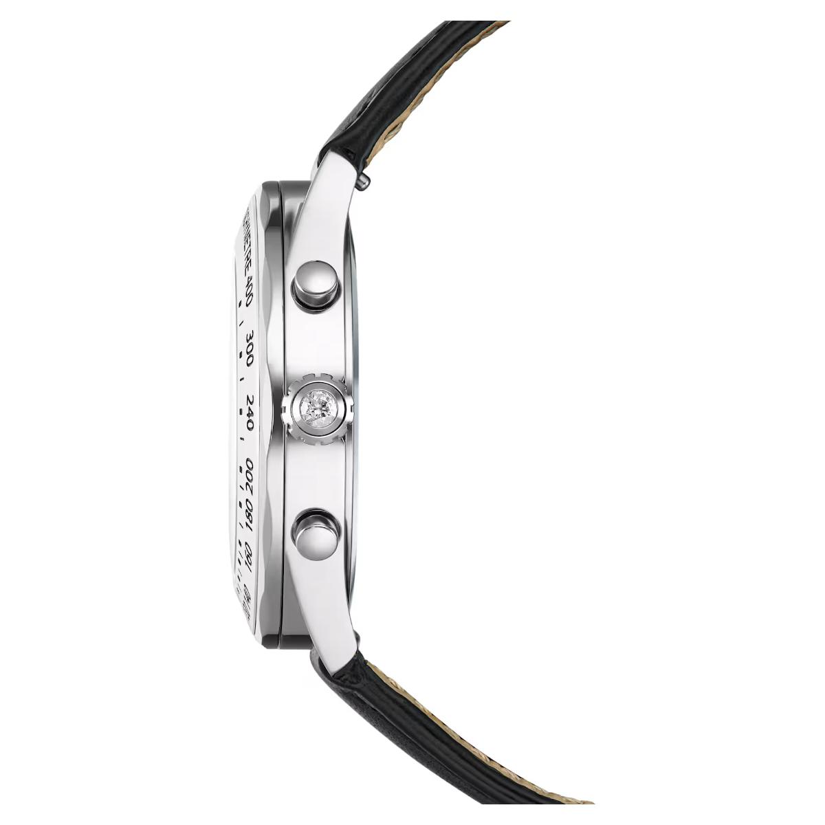 Close-up of a watch with a black strap and silver case on a white background