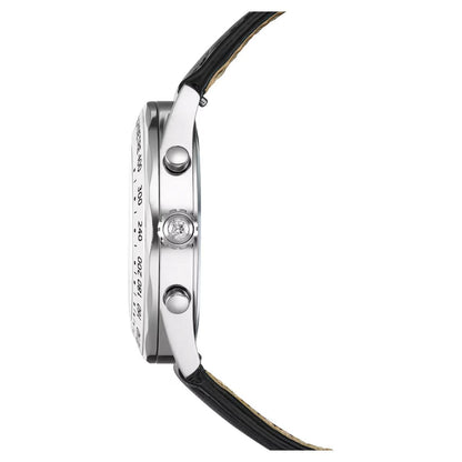 Close-up of a watch with a black strap and silver case on a white background