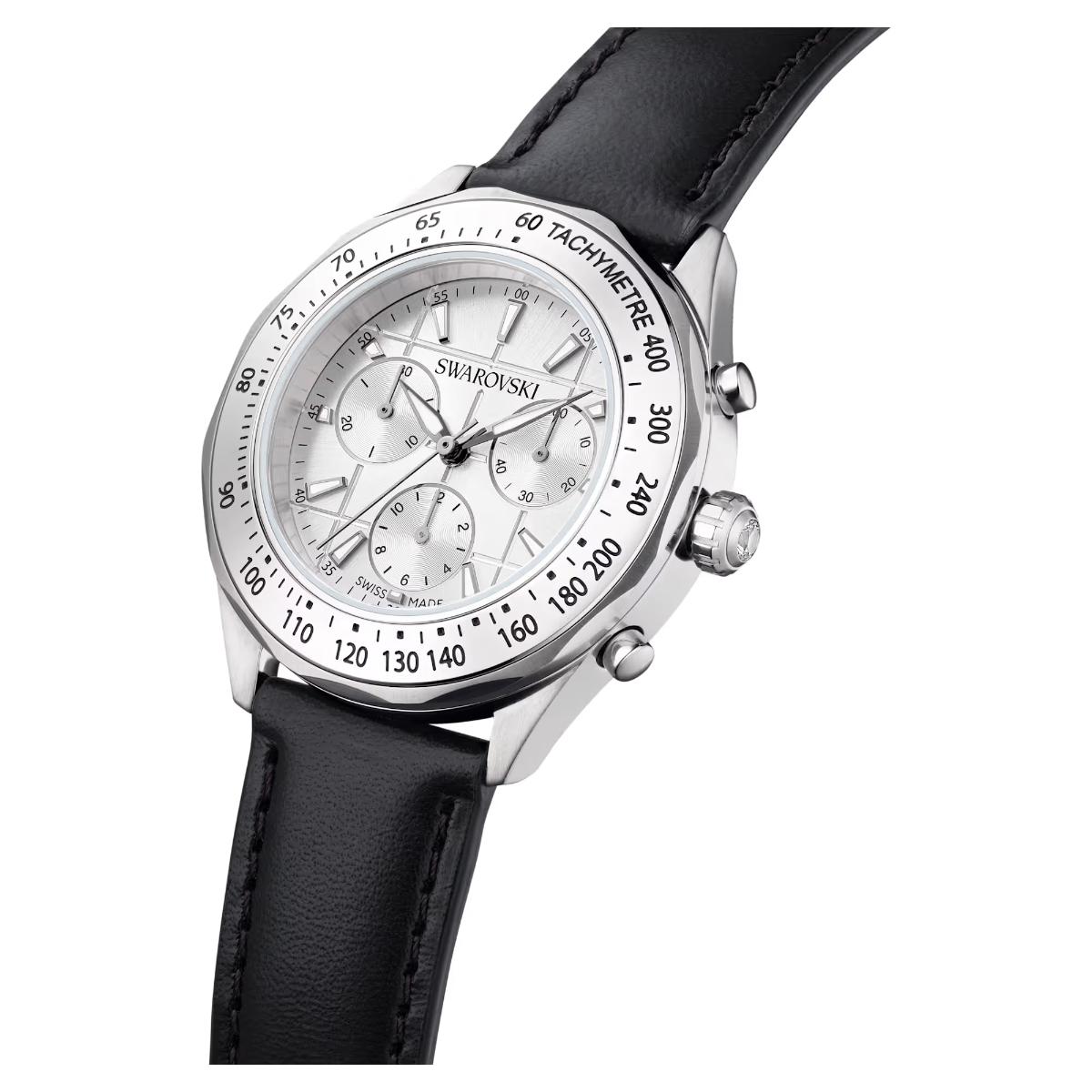 Swarovski watch with black leather strap and silver dial on a white background