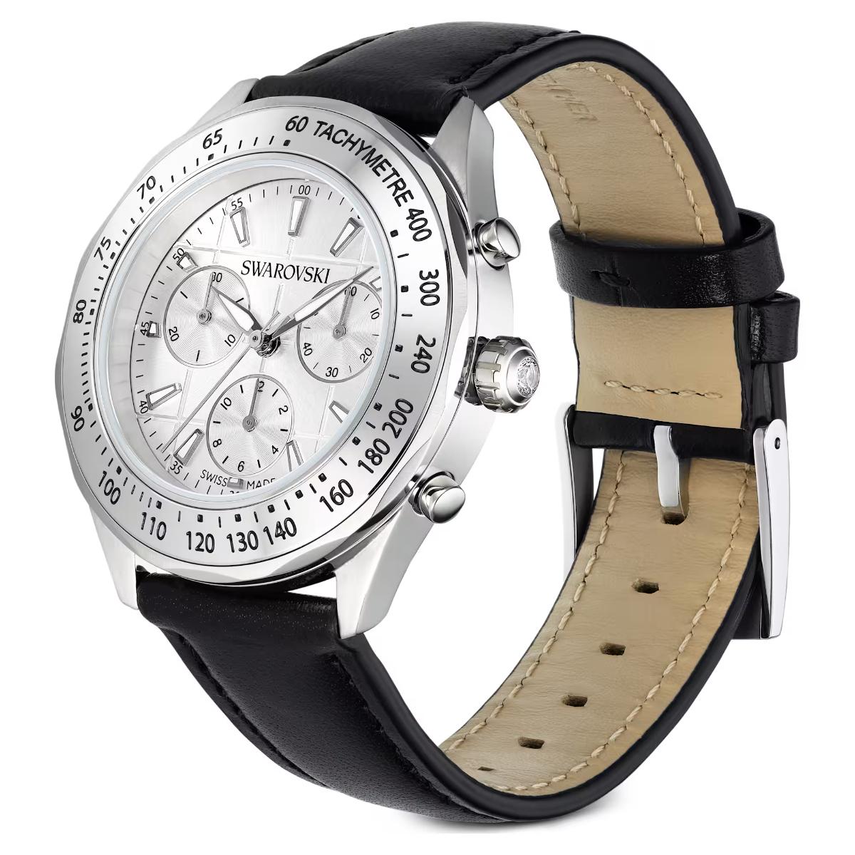 Swatch watch with black strap and silver case on a white background