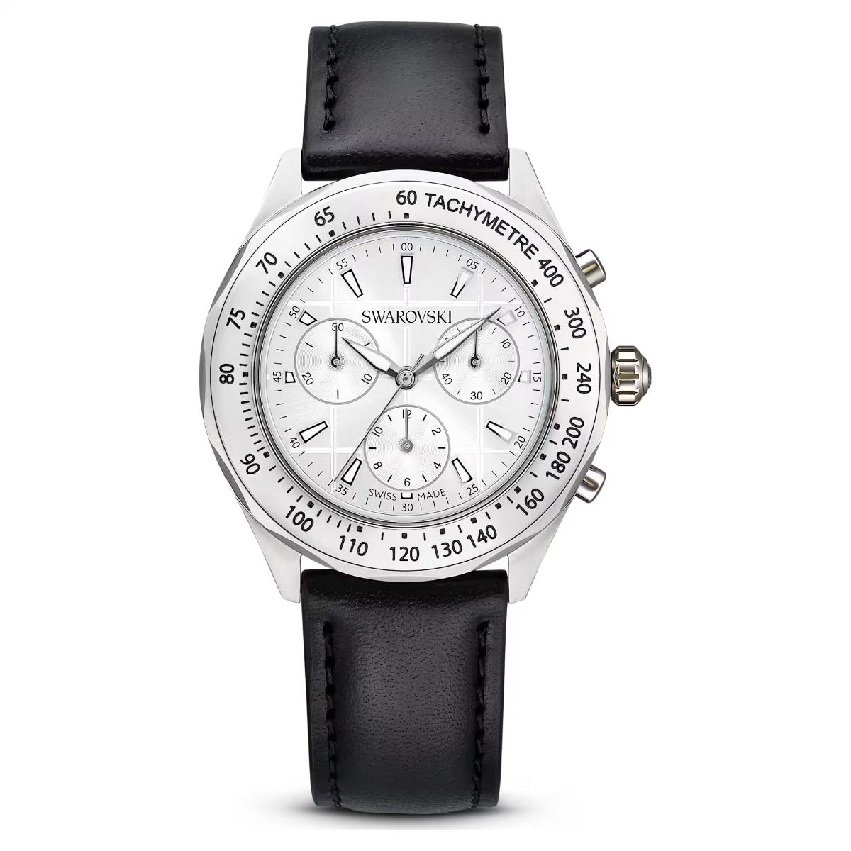 Swarovski watch with black leather strap and silver case on a white background