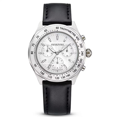 Swarovski watch with black leather strap and silver case on a white background