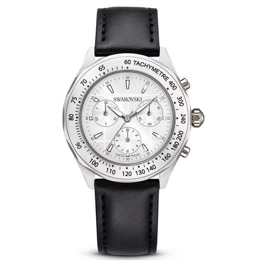 Swarovski watch with black leather strap and silver case on a white background