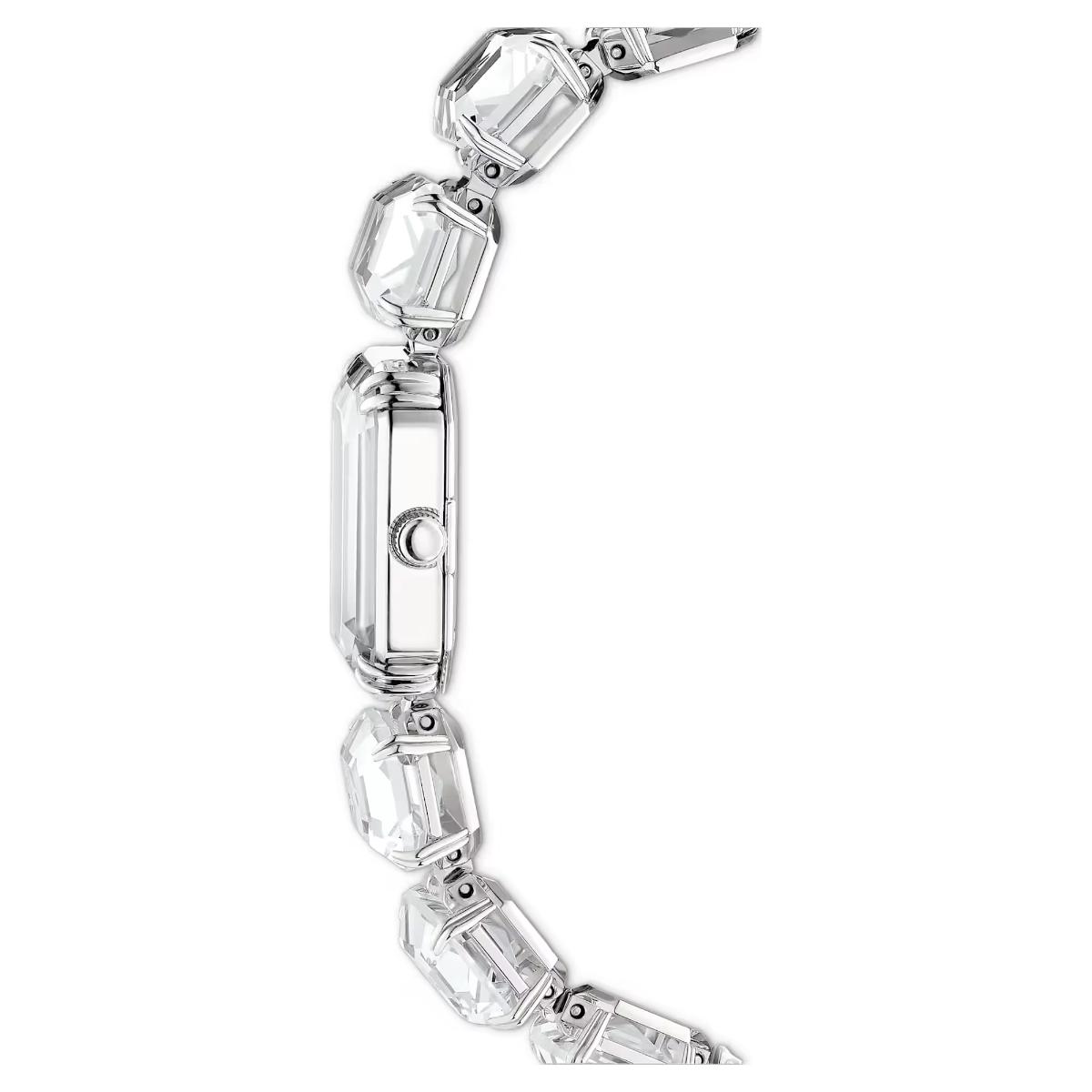 Silver bracelet with clear gemstones on a white background