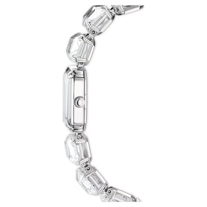 Silver bracelet with clear gemstones on a white background