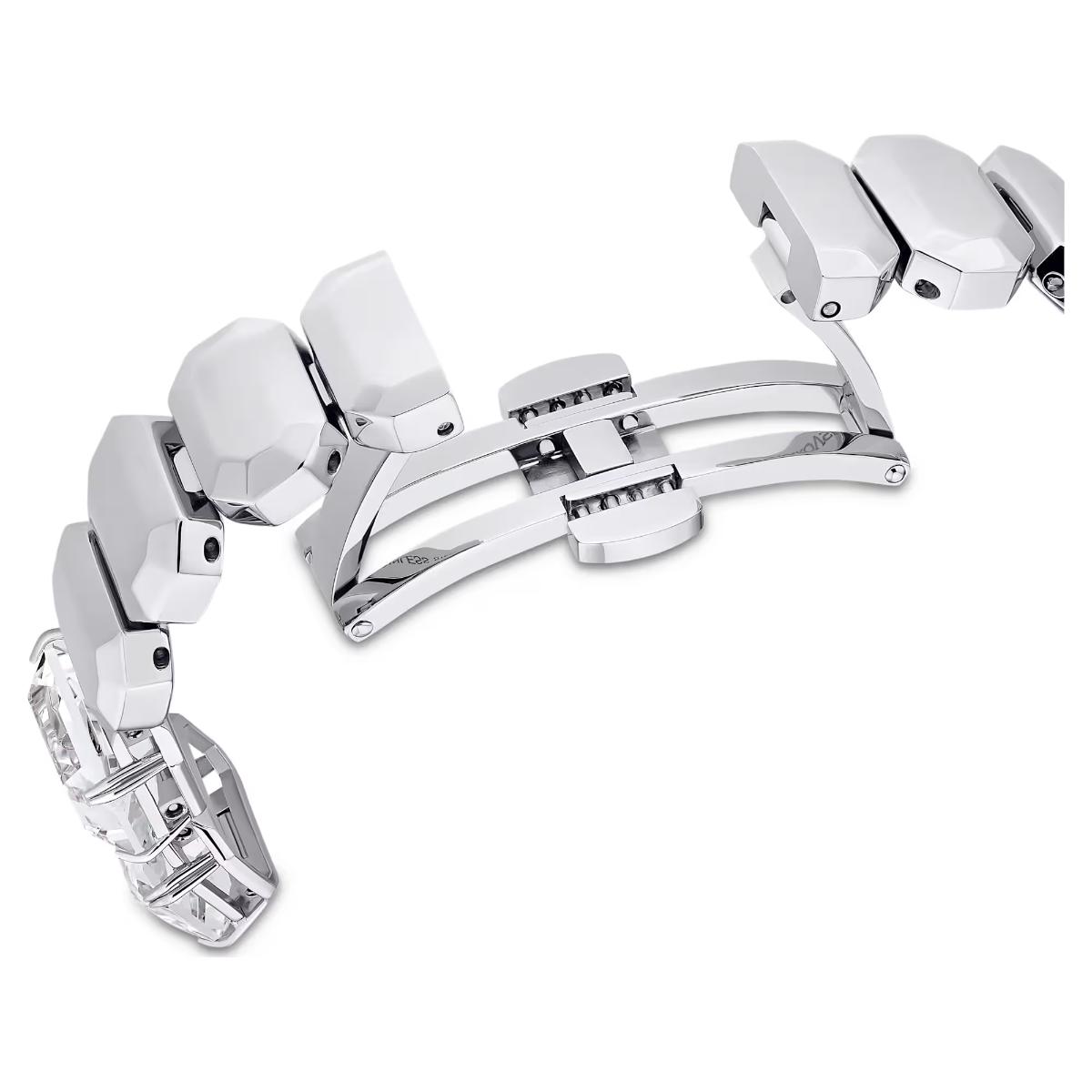 Silver bracelet with geometric design on a white background