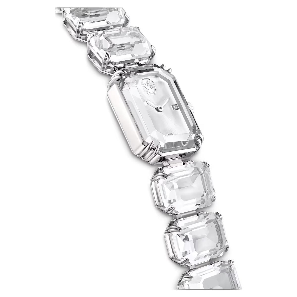 Silver bracelet with clear gemstones on a white background
