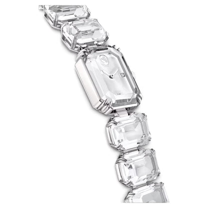 Silver bracelet with clear gemstones on a white background