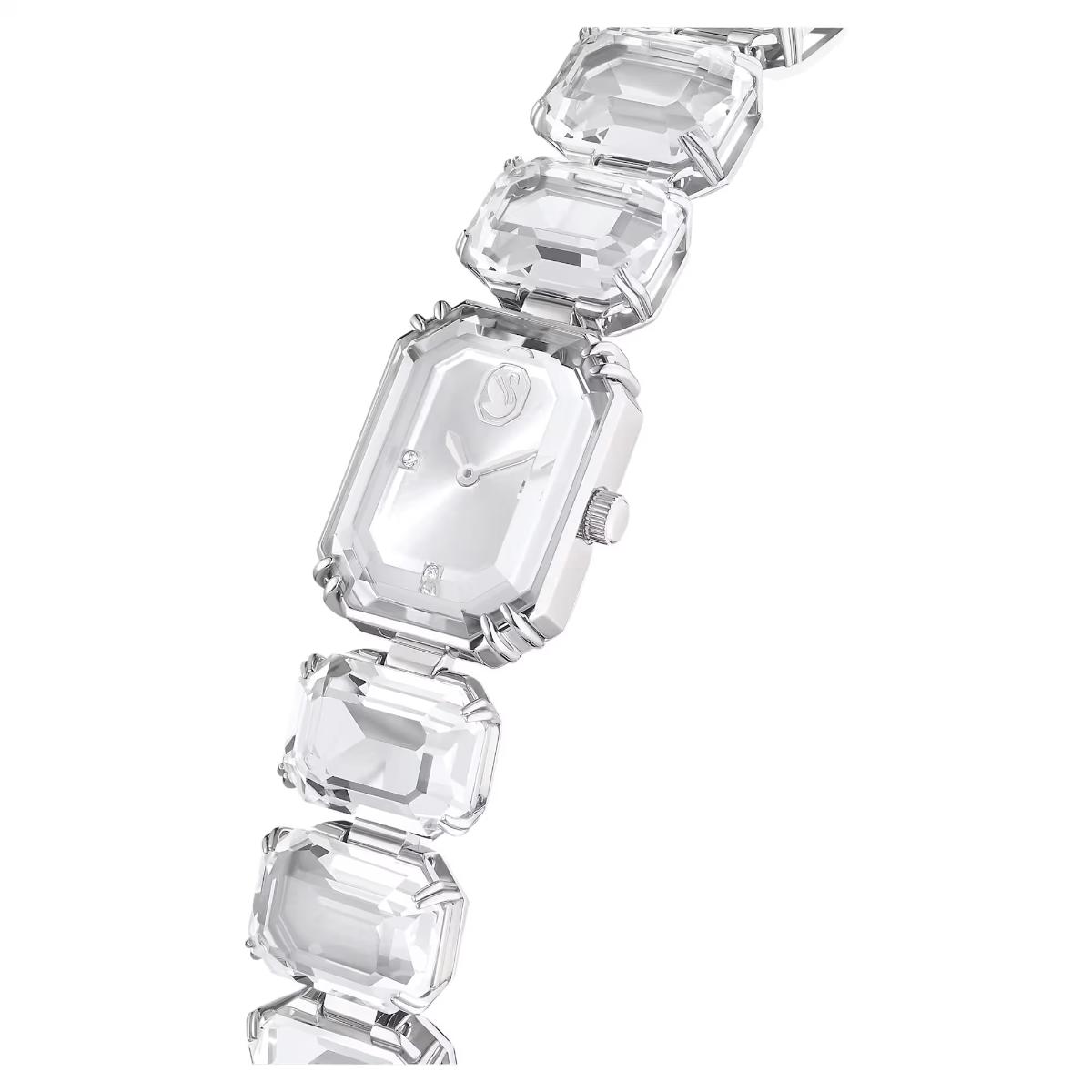 Silver watch with large gemstones on a white background