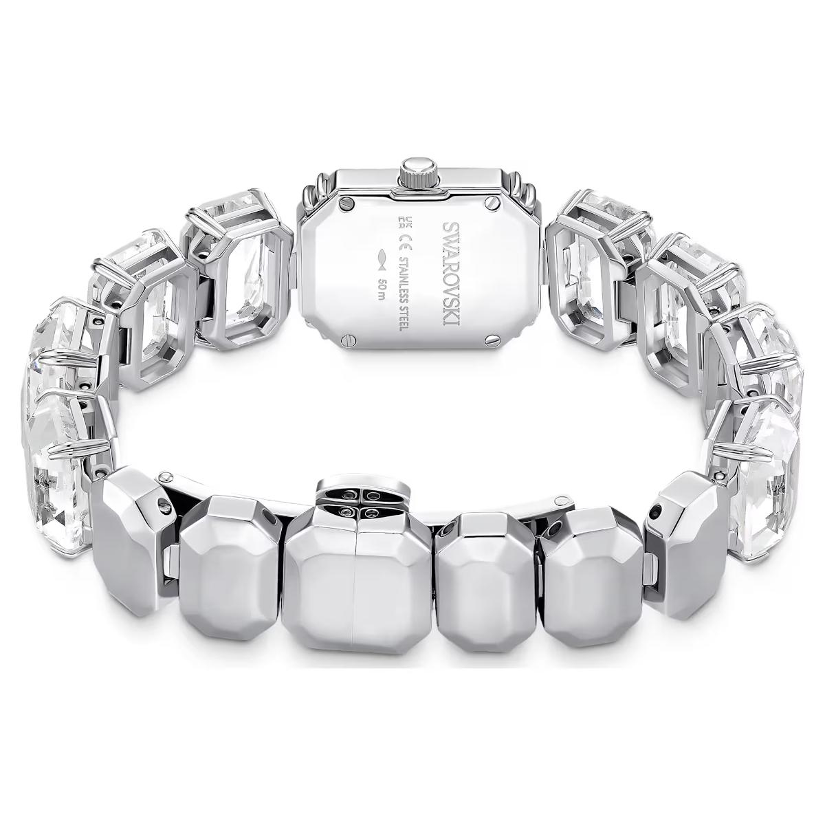 Silver bracelet with geometric design on a white background