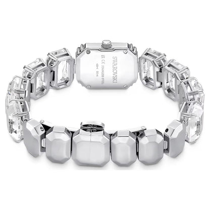 Silver bracelet with geometric design on a white background