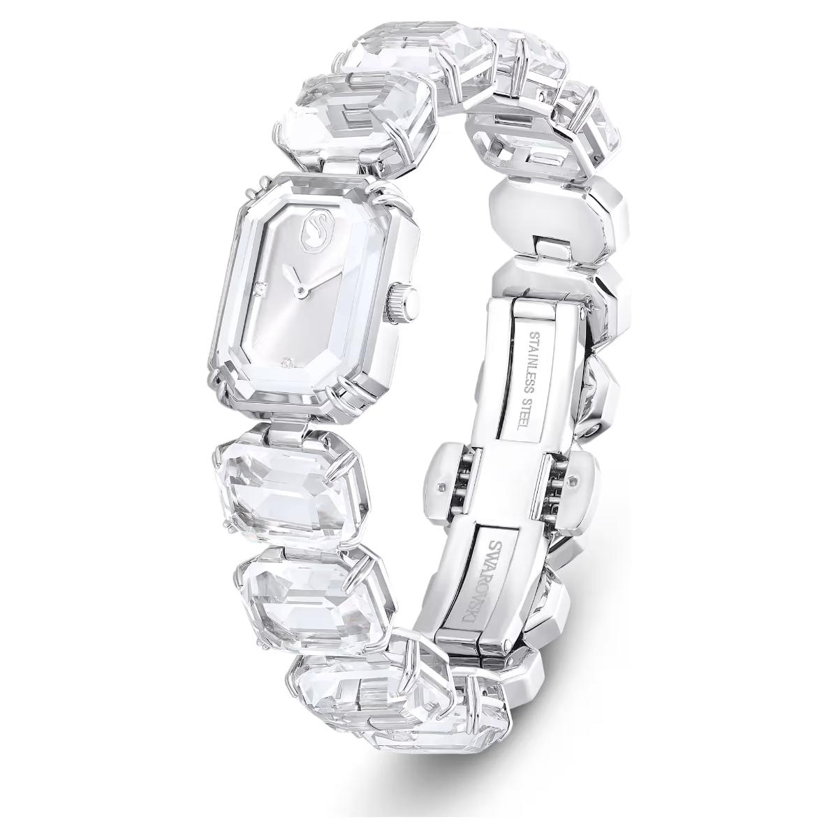 Silver watch with crystal-like bracelet on a white background