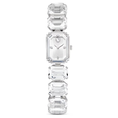 Silver watch with emerald-cut gemstones on a white background