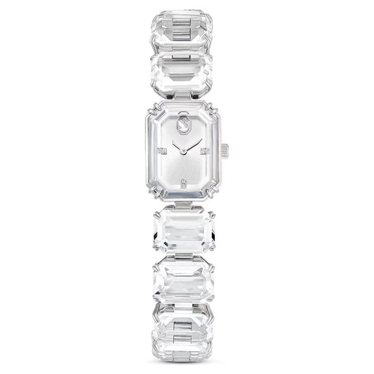 Silver watch with emerald-cut gemstones on a white background