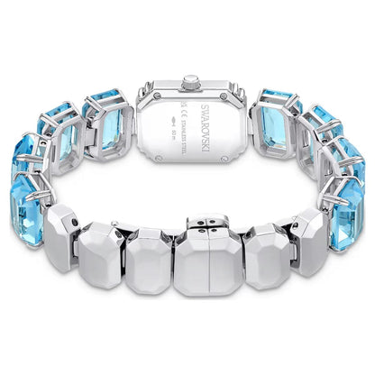 Silver bracelet with blue gemstones on a white background