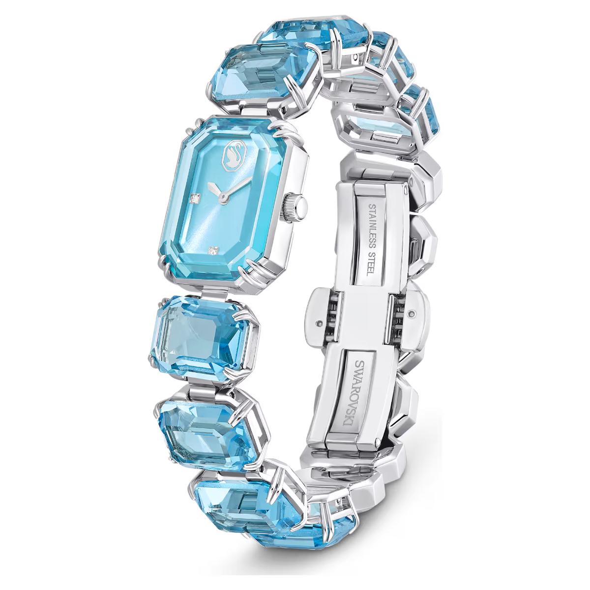 Silver watch with blue gemstones on a white background