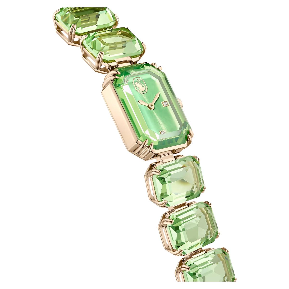 Green gemstone bracelet with gold accents on a white background