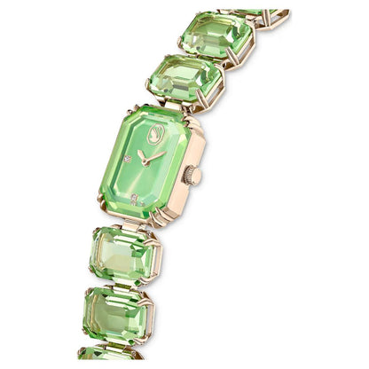 Green gemstone bracelet with gold accents on a white background
