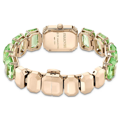 Rose gold bracelet with green gemstones on a white background