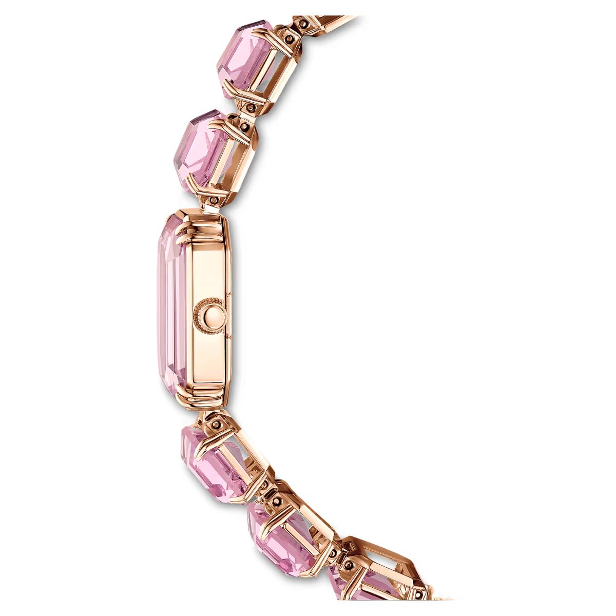 Gold bracelet with pink gemstones on a white background