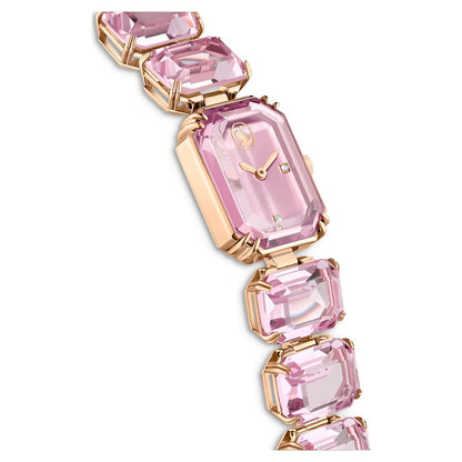 Pink gemstone bracelet with gold accents on a white background