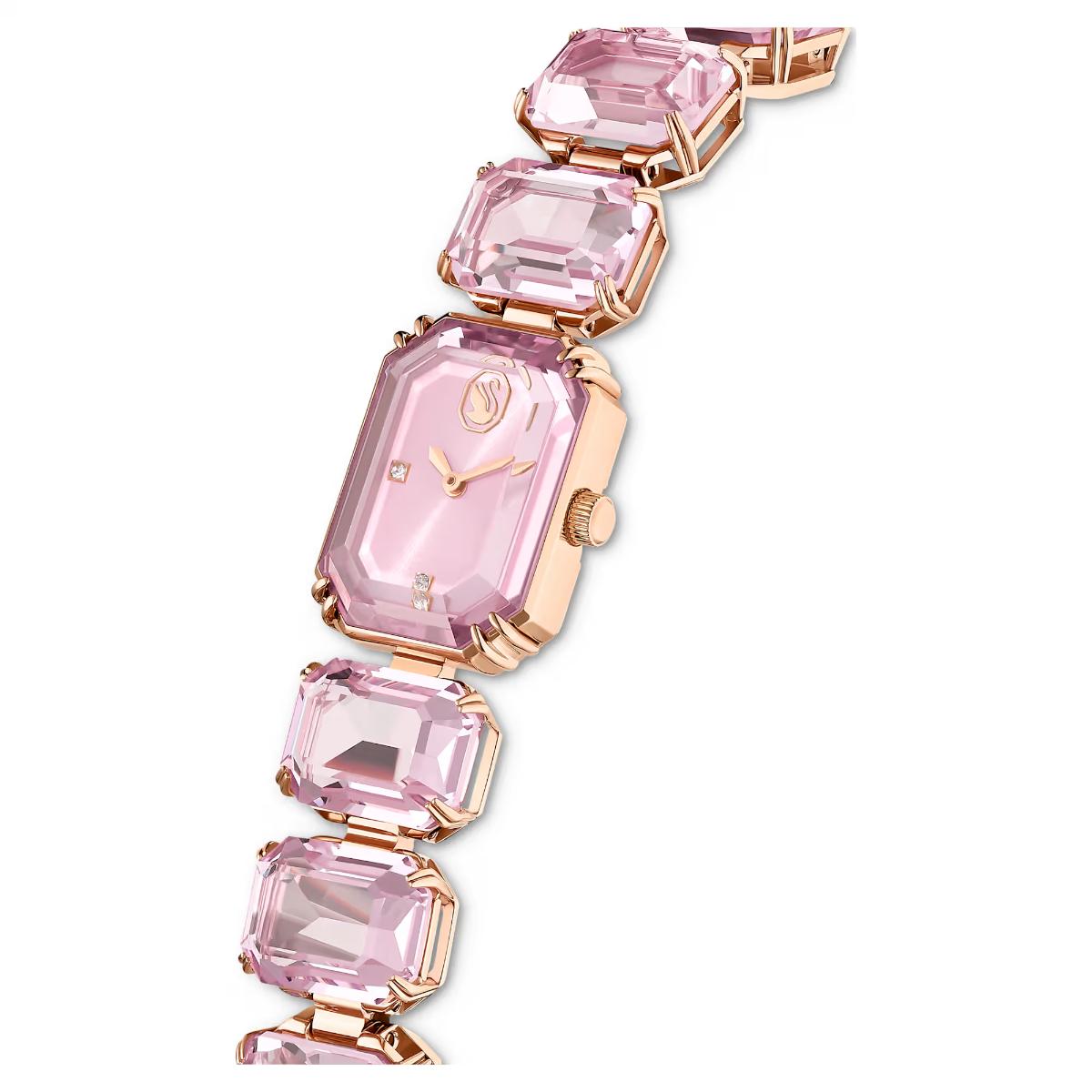 Pink gemstone-encrusted watch with rose gold accents on a white background