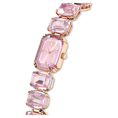 Pink gemstone-encrusted watch with rose gold accents on a white background