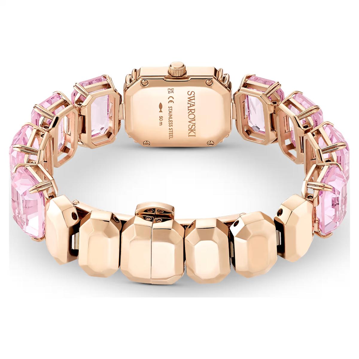 Rose gold and pink bracelet with Swarovski branding on a white background