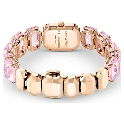 Rose gold and pink bracelet with Swarovski branding on a white background