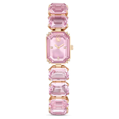 Pink gemstone watch with gold accents on a white background