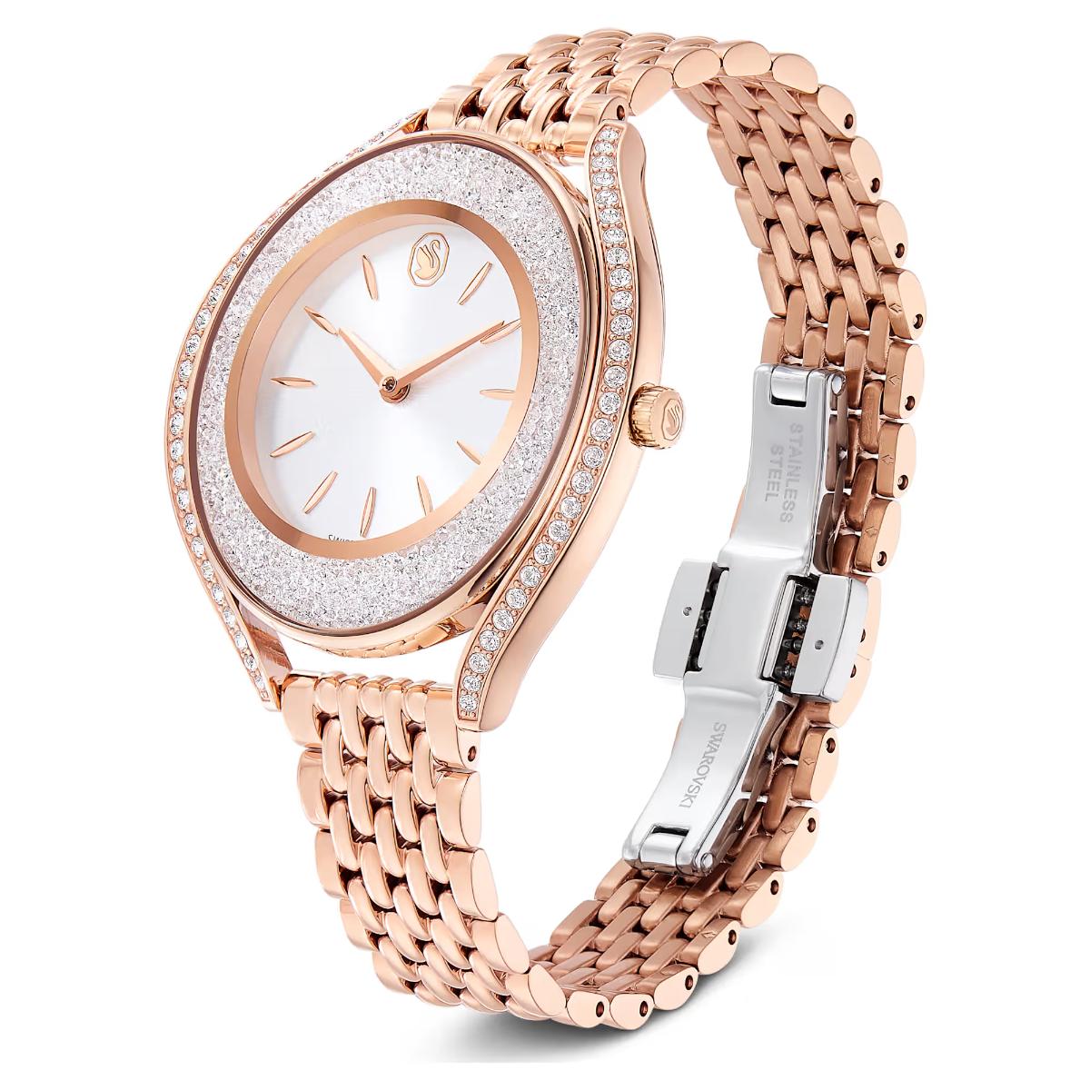 Rose gold watch with diamond-studded face on a white background