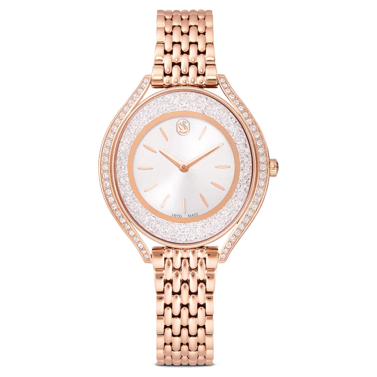 Rose gold watch with diamond-studded bezel on a white background