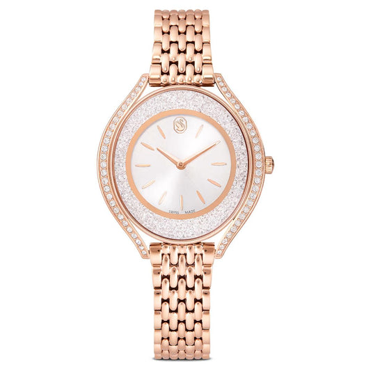 Rose gold watch with diamond-studded bezel on a white background