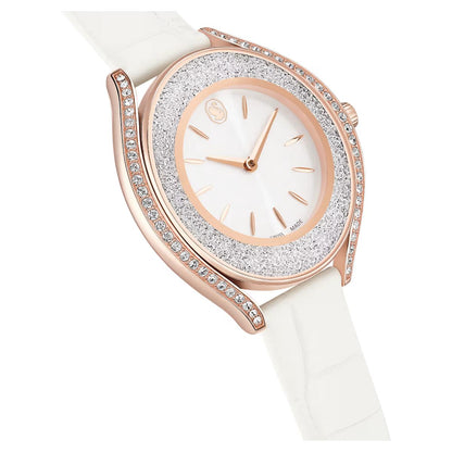 Luxury watch with rose gold case and white strap on a white background