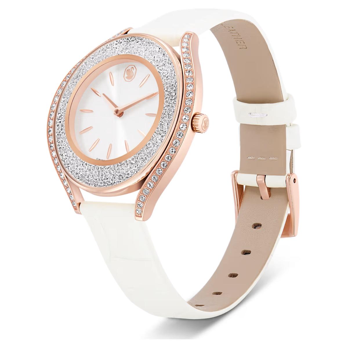 Luxury watch with rose gold case and white strap on a white background
