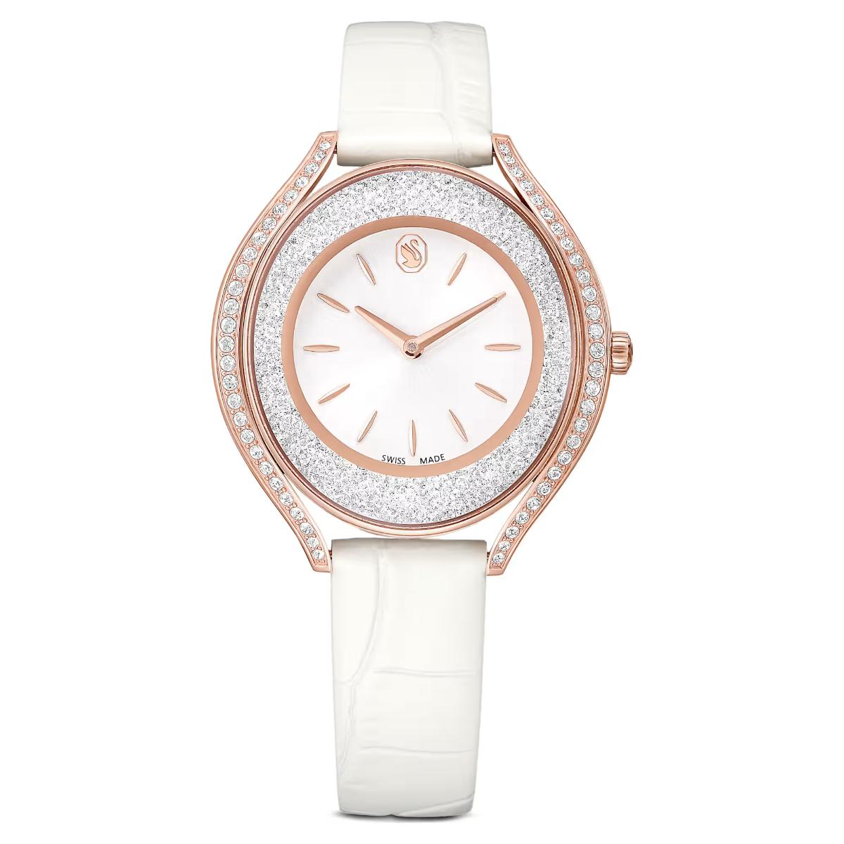 Watch with white strap and rose gold case on a white background
