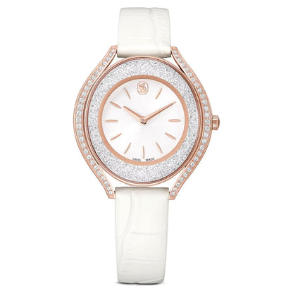 Watch with white strap and rose gold case on a white background